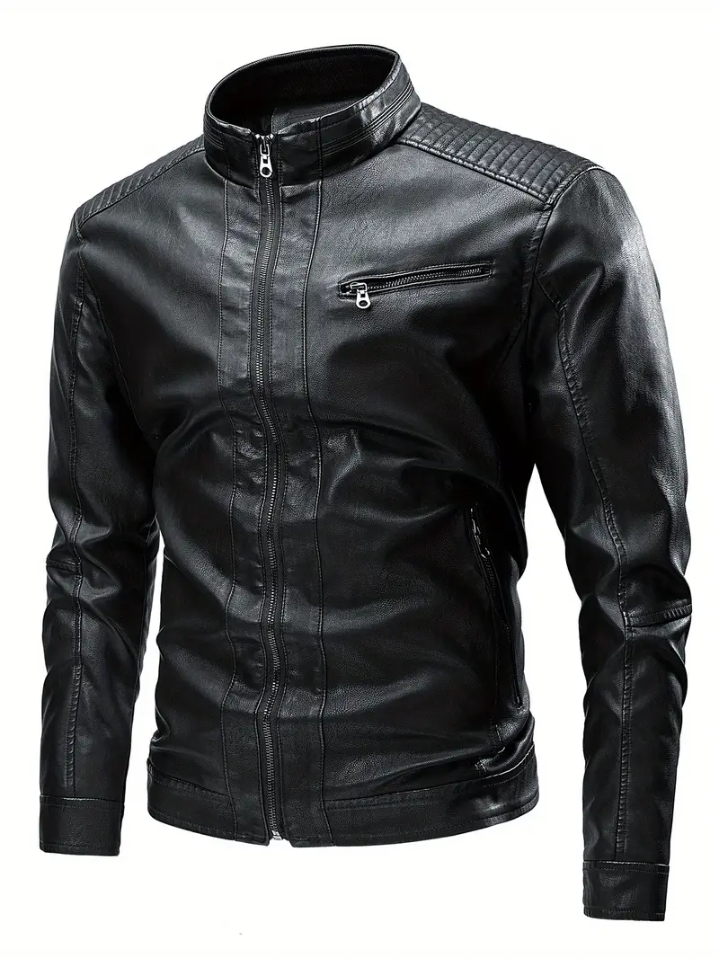 Vintage Pu Leather Jacket, Men's Casual Zip Up Stand Collar Faux